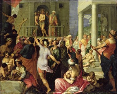 Ecce Homo。彼拉多向人群展示了堕落的耶稣，（铜上的油） 作者 汉斯一世或约翰·罗滕汉默