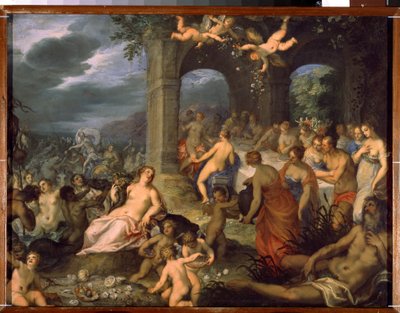 众神的盛宴，皮利和忒提斯的婚礼。左侧是神灵（tritons 和 naides）。中间是大地女神泰勒斯母神（或泰拉母神或盖亚），手持 "abon "号角。 作者 汉斯一世或约翰·罗滕汉默