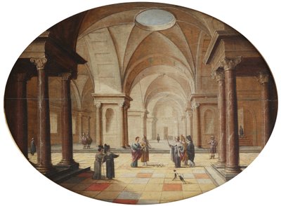 古典宫殿内部，摩西将法老的权杖变成蛇（面板油画） 作者 Hans Juriaensz. van Baden