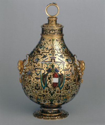 Flask in enameled gold decorated with grotesque figures and with the coat of arms of the archbishop of Salzburg Wolf Dietrich von Raitenau 作者 汉斯·卡尔