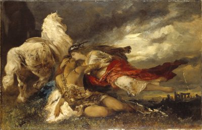Valkyrie et un heros mourant - Valkyrie and a Dying Hero，Makart, Hans (1840-1884)。 布面油画。 尺寸：130x200 厘米。 斯德哥尔摩国家博物馆 作者 汉斯·马卡特（Hans Makart）