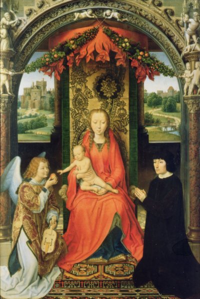 麦当娜和儿童与捐赠者和天使，三联画的中央小组，1485-90（小组） 作者 汉斯·梅姆林