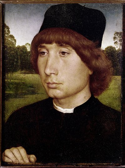 一个年轻人的画像。 （木上油，c.1480） 作者 汉斯·梅姆林