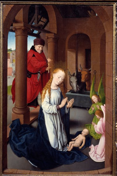贤士崇拜三联画。 左侧面板的细节：La Nativite。 汉斯·梅姆林 (Hans Memling)（1433-1494 年）在木头上的 Detrempe，大约 1470 年。马德里。 普拉多博物馆 作者 汉斯·梅姆林