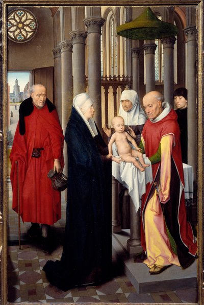 贤士崇拜三联画。 右侧面板的细节：在圣殿的介绍。 汉斯·梅姆林 (Hans Memling)（1433-1494 年）在木头上的 Detrempe，大约 1470 年。马德里。 普拉多博物馆 作者 汉斯·梅姆林