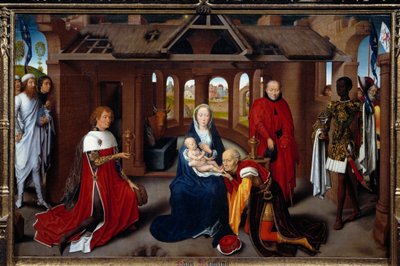 Triptych of Adoration of the Magi: central panel. The mages are like Charles the Temeraire and Philip the Good. Detrempe on wood by Hans Memling (1433-1494). circa 1470, Sun. 0,95x1,45 m Madrid. Musee du Prado. - Triptych of the Adoration of the Magi: cent 作者 汉斯·梅姆林