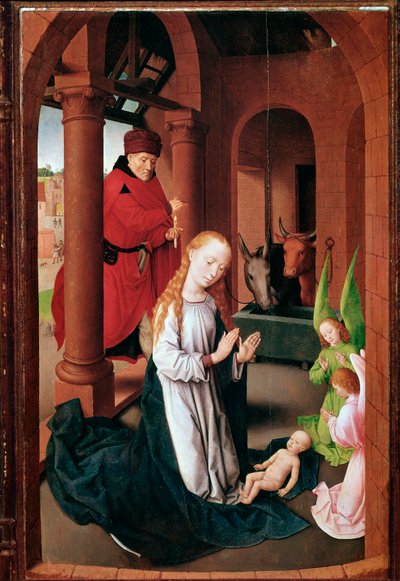 普拉多三联画（或贤士的崇拜）：Nativite 左面板（绘画，约 1470 年） 作者 汉斯·梅姆林