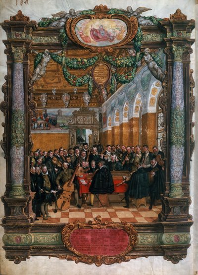 奥兰多·迪·拉索 (Orlando di Lasso) (1532-1594)，左下角，在慕尼黑宫廷为巴伐利亚公爵阿尔布雷希特五世 (Duke Albrecht V) 举办的音乐会 作者 Hans Mielich or Muelich