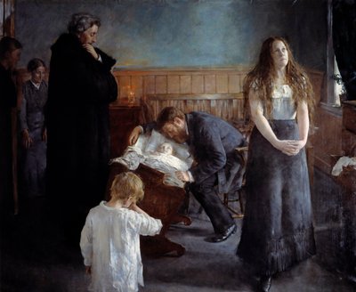 患病的孩子。汉斯-奥拉夫-海尔代尔（1857-1913）的画作。被起诉 作者 Hans Olaf Heyerdahl