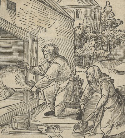 一个农民在宰杀一头猪，来自Hymmelwagen auff dem, wer wol lebt...，1517年。 作者 Hans Schäufelein the Elder