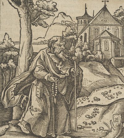 一个向右走的老朝圣者，来自Hymmelwagen auff dem, wer wol lebt...，1517。 作者 Hans Schäufelein the Elder