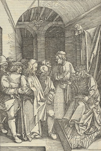 基督在大厅的希律面前，来自Speculum passionis domini nostri Ihesu Christi，1507年。 作者 Hans Schäufelein the Elder