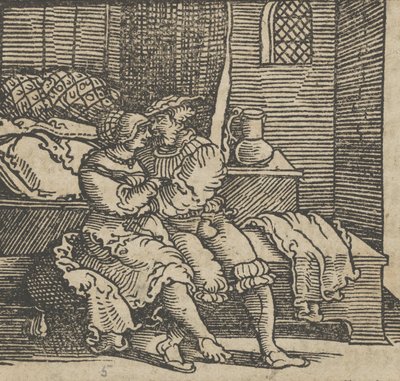 Spinneloccio被锁在一个箱子里，他的妻子和Zeppa坐在上面，来自《...》，1534年前。 作者 Hans Schäufelein the Elder