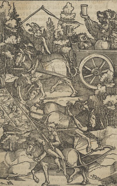醉汉在通往地狱的战车上，来自Hymmelwagen auff dem, wer wol lebt.....，1517。 作者 Hans Schäufelein the Elder