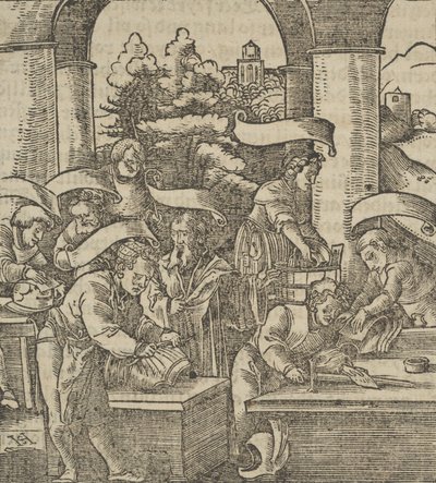 盔甲的制作，来自Hymmelwagen auff dem, wer wol lebt...，1517。 作者 Hans Schäufelein the Elder