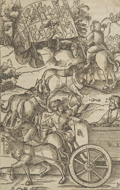 通往天堂的战车上的美德之人，来自Hymmelwagen auff dem, wer wol leb...，1517。 作者 Hans Schäufelein the Elder