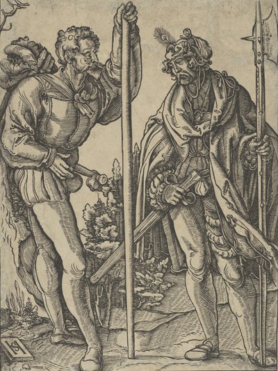 两名手持长矛和戟的士兵在交谈，约1515年。 作者 Hans Schäufelein the Elder