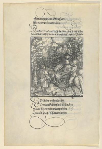 导致Theuerdanck在狩猎中落入陷阱的Unfalo，来自Theuerdanck，1517年。 作者 Hans Schäufelein the Elder