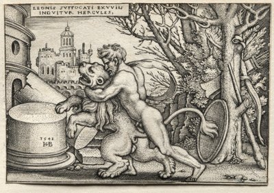 大力神的作品：大力神扼死尼米狮，1548年。 作者 汉斯·塞巴尔德·贝汉姆