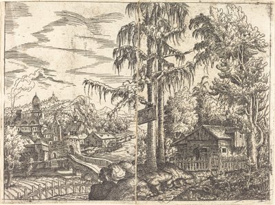 农民的小屋和河边的小镇的风景，1551年。 作者 汉斯·塞巴尔德·劳滕萨克