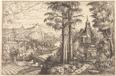 靠近河流的城镇景观，右边有一座教堂，1553年。 作者 汉斯·塞巴尔德·劳滕萨克