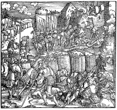 围攻堡垒。插图取自Petrarch在1532年出版的《反对财富的菲尼克斯》一书 作者 小汉斯·魏德兹