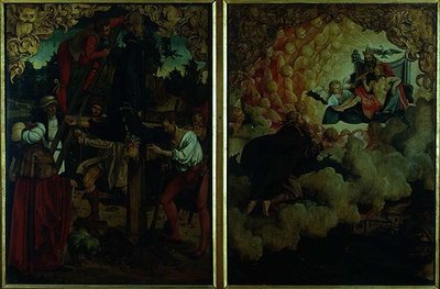 圣彼得和保罗祭坛画的故事：显示圣彼得受难、圣保罗升天的细节（板上油画）（细节）。 作者 汉斯·冯·克伦巴赫
