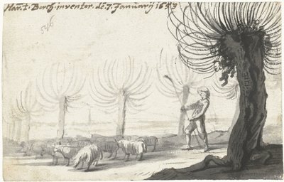 牧羊人手持杖，站在羊群和柳树旁 作者 Harmen ter Borch