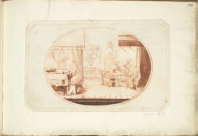 厨房内部，两个女人和一只猫，椭圆形 作者 Gesina ter Borch