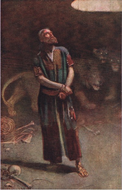 丹尼尔在狮子巢穴，插图来自教导皇冠系列的图片，1920年 作者 哈罗德·应付