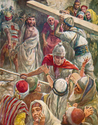 他为耶稣背负十字架，《马太福音》第 27 章第 32 节（彩色石版画） 作者 哈罗德·应付