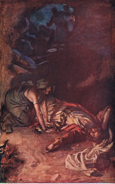 扫罗和女巫，插图来自教皇冠系列的图片，1920年 作者 哈罗德·应付
