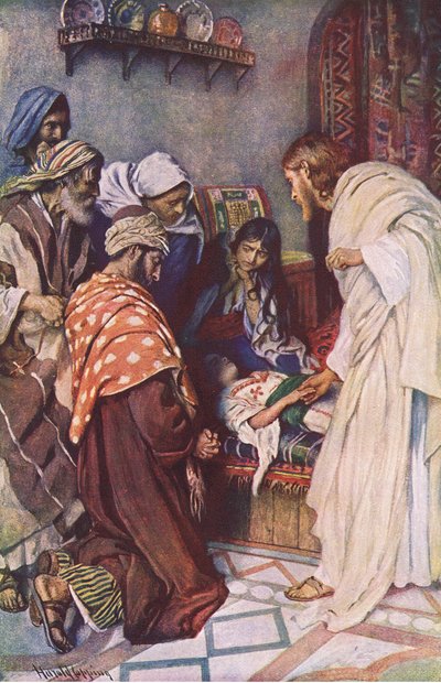 Jairuss女儿的抚养，插图来自Harold Copping图片：The Crown Series，c.1920s 作者 哈罗德·应付
