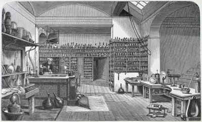 Michael Faraday（1791-1867）在他的地下室实验室，来自Henry Bence Jones的“法拉第的生活和信件”，1870年出版，1869年 作者 哈里特·简·摩尔