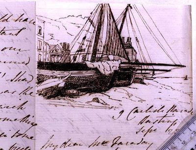 RI MS F1 I160 黑斯廷斯的渔船小景，给迈克尔-法拉第（1791-1867）的信中的草图，1853年9月23日（纸上笔墨）。 作者 哈里特·简·摩尔