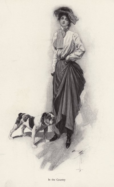一个女人和她的斗牛犬在一起的乡下打扮的肖像（平版）。 作者 哈里森·费舍尔