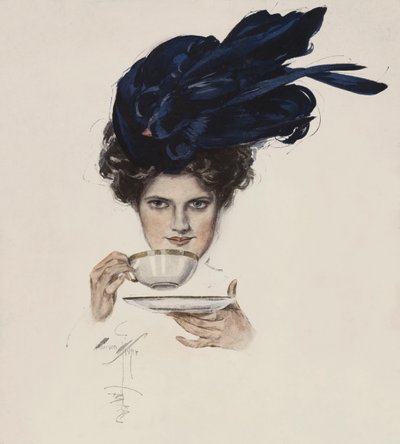 一个戴着花哨帽子的女人喝茶的肖像（彩色平印）。 作者 哈里森·费舍尔
