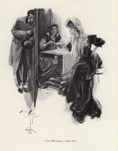 吉普赛人告诉年轻女子她的未来（平版）。 作者 哈里森·费舍尔