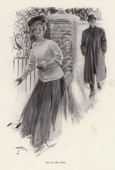 等着向男人扔雪球的年轻女人（平版）。 作者 哈里森·费舍尔