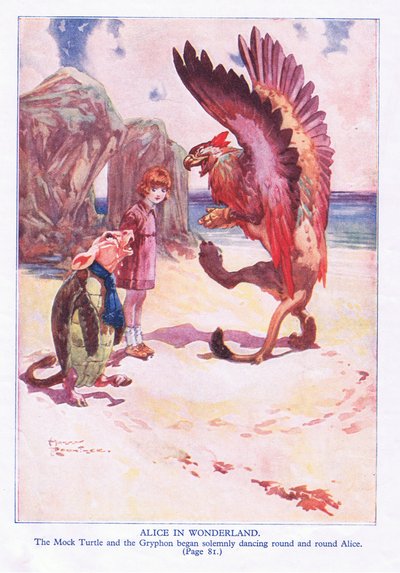 模拟乌龟和麒麟开始庄严地围着爱丽丝转了一圈又一圈（彩色石版画） 作者 哈里朗特里