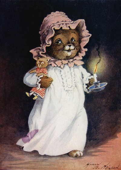 猫在睡衣，携带蜡烛和泰迪猫，上床睡觉 作者 哈里·B·尼尔森