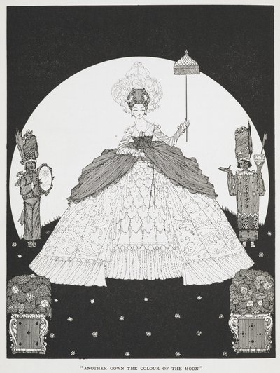 "另一件月色长袍"。驴皮 "故事的插图。一位美丽的公主手持阳伞，两名仆人站在她的两侧。 作者 哈里·克拉克