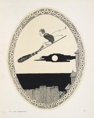 “如果我有一把扫帚就好了”。 帕特里克·R·查默斯 (Patrick R. Chalmers) 的一首诗的插图。 一个骑扫帚的男孩 作者 哈里·克拉克