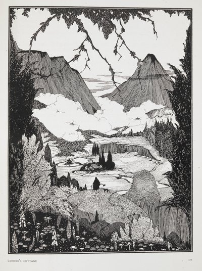 故事“兰多小屋”的插图。山地景观。 作者 哈里·克拉克