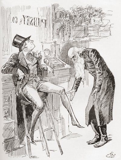 Fledgeby and Mr. Riah in the Counting House. "Perched on the stool with his hat cocked on his head and one of his legs dangling, the youth of Fledgeby hardly contrasted to advantage with the age of the Jewish man, with his bare head bowed, and his eyes on  作者 哈里·弗尼斯（Harry Furniss）