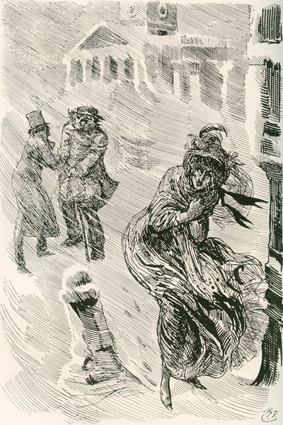 流浪者玛莎。 哈里·福尼斯 (Harry Furniss) 为查尔斯·狄更斯 (Charles Dickens) 的小说《大卫·科波菲尔》 (David Copperfield) 绘制的插图，出自《感言版》，1910 年出版。 作者 哈里·弗尼斯（Harry Furniss）