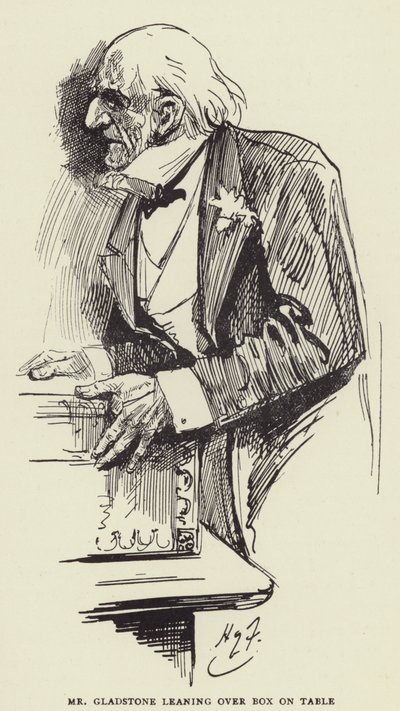 格拉德斯通先生靠在桌子上的盒子里 作者 哈里·弗尼斯（Harry Furniss）