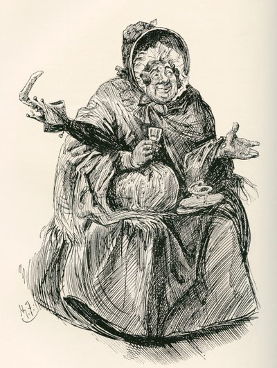 甘普夫人。 哈里·福尼斯 (Harry Furniss) 为查尔斯·狄更斯 (Charles Dickens) 小说《马丁·查兹勒维特》 (Martin Chuzzlewit) 绘制的插图，出自《感言版》，1910 年出版。 作者 哈里·弗尼斯（Harry Furniss）