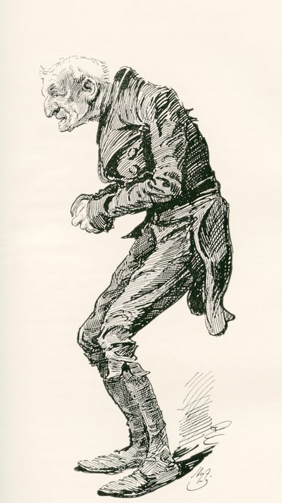 老查菲。 哈里·福尼斯 (Harry Furniss) 为查尔斯·狄更斯 (Charles Dickens) 小说《马丁·查兹勒维特》 (Martin Chuzzlewit) 绘制的插图，出自《感言版》，1910 年出版。 作者 哈里·弗尼斯（Harry Furniss）