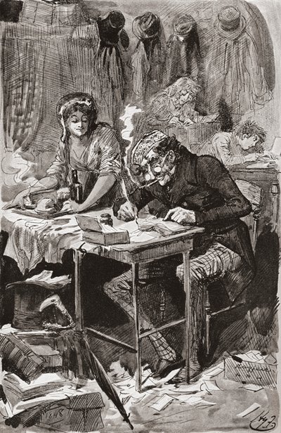乞讨信作者。 哈里·弗尼斯 (Harry Furniss) 为查尔斯·狄更斯 (Charles Dickens) 的小说《远大前程》 (Great Expectations) 绘制的插图，摘自 1910 年出版的见证版。 作者 哈里·弗尼斯（Harry Furniss）